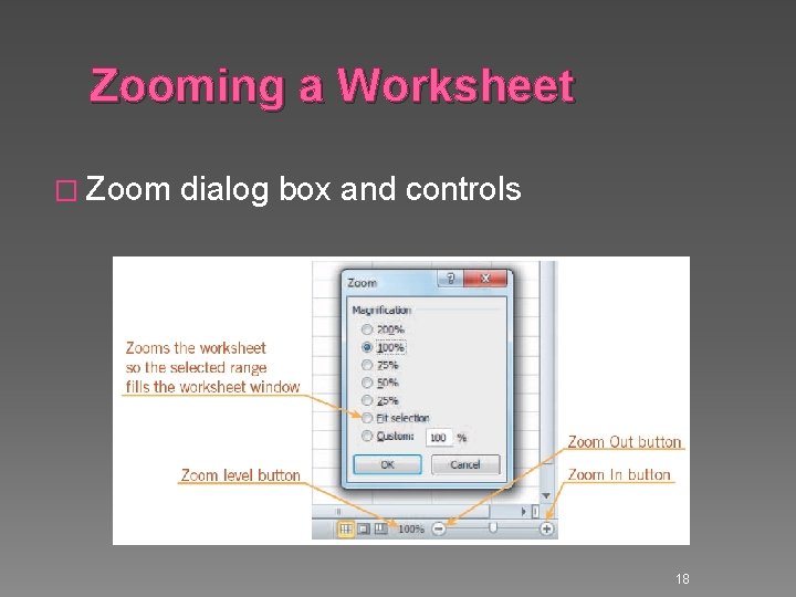 Zooming a Worksheet � Zoom dialog box and controls 18 Zooming a Worksheet � Zoom dialog box and controls 18