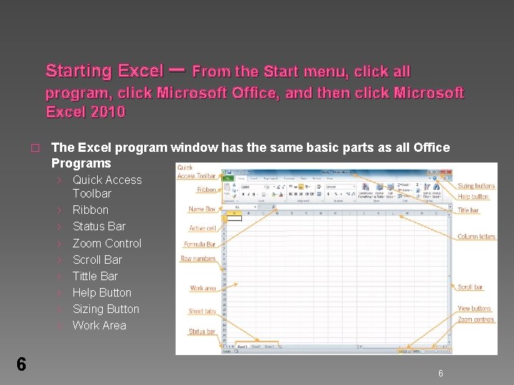 Starting Excel – From the Start menu, click all program, click Microsoft Office, and Starting Excel – From the Start menu, click all program, click Microsoft Office, and
