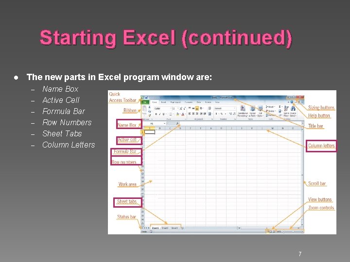 Starting Excel (continued) l The new parts in Excel program window are: – – Starting Excel (continued) l The new parts in Excel program window are: – –
