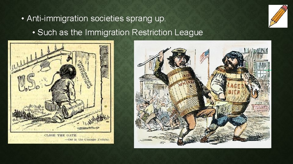  • Anti-immigration societies sprang up. • Such as the Immigration Restriction League 
