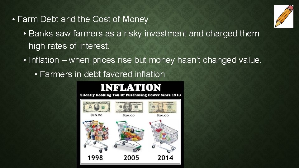 • Farm Debt and the Cost of Money • Banks saw farmers as