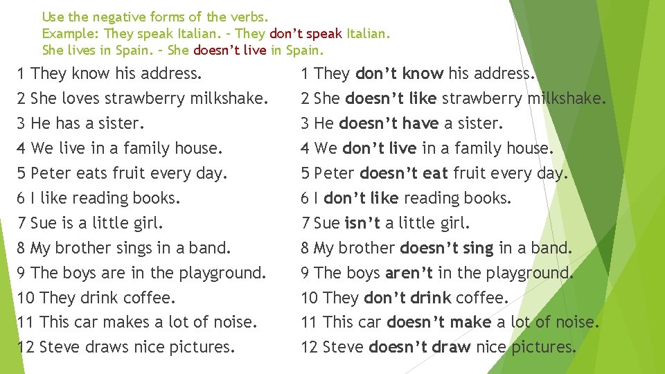 Use the negative forms of the verbs. Example: They speak Italian. – They don’t