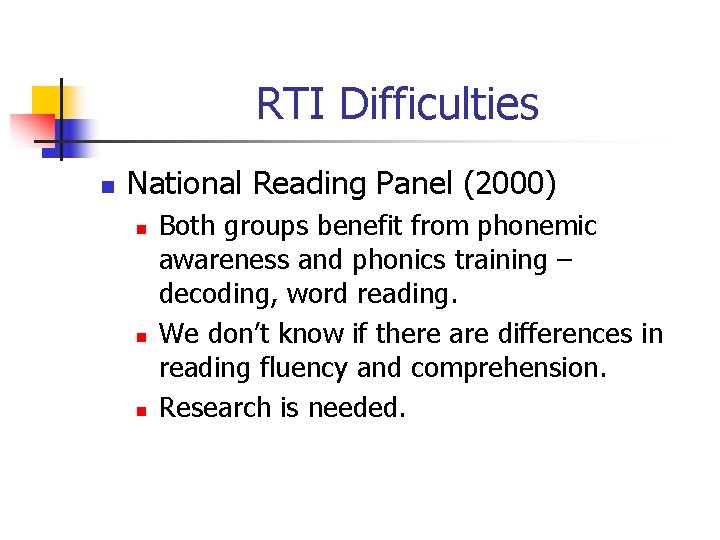 RTI Difficulties n National Reading Panel (2000) n n n Both groups benefit from RTI Difficulties n National Reading Panel (2000) n n n Both groups benefit from