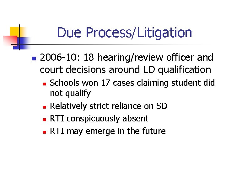Due Process/Litigation n 2006 -10: 18 hearing/review officer and court decisions around LD qualification Due Process/Litigation n 2006 -10: 18 hearing/review officer and court decisions around LD qualification