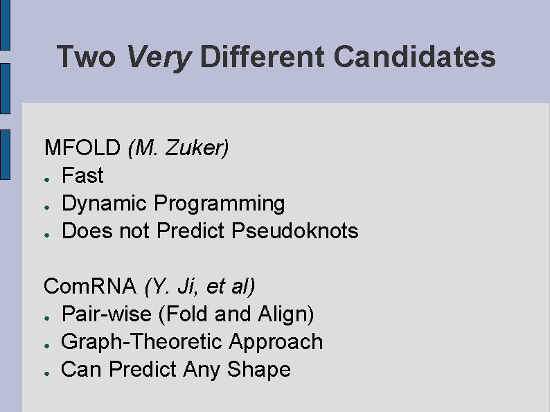 Two Very Different Candidates MFOLD (M. Zuker) ● Fast ● Dynamic Programming ● Does
