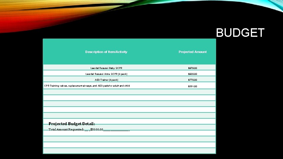 BUDGET Description of Item/Activity Projected Amount Laerdal Resusci Baby QCPR $979. 00 Laerdal Resusci