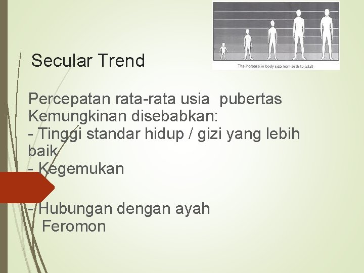 Secular Trend Percepatan rata-rata usia pubertas Kemungkinan disebabkan: - Tinggi standar hidup / gizi