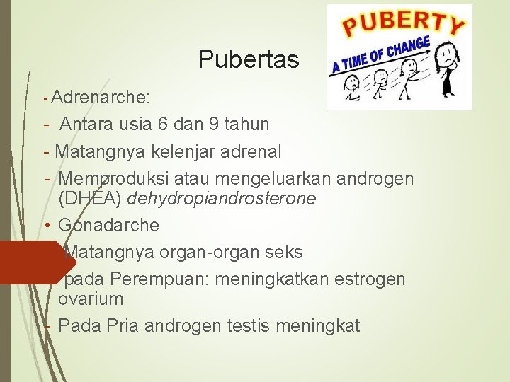 Pubertas • Adrenarche: - Antara usia 6 dan 9 tahun - Matangnya kelenjar adrenal