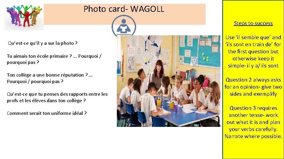 Photo card- WAGOLL Steps to success Qu’est-ce qu’il y a sur la photo ?