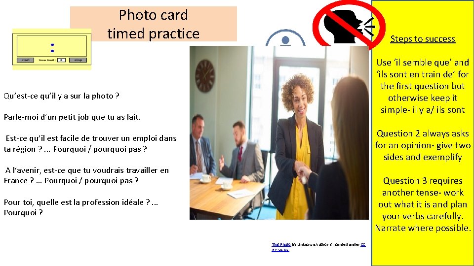 Photo card timed practice Steps to success Use ‘il semble que’ and ‘ils sont