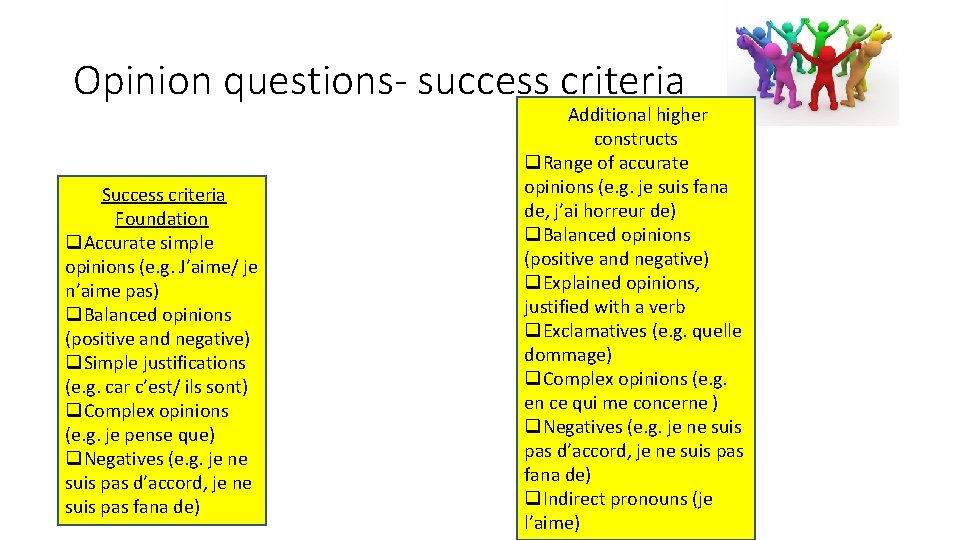 Opinion questions- success criteria Success criteria Foundation q. Accurate simple opinions (e. g. J’aime/