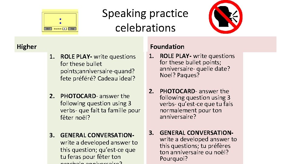 Speaking practice celebrations Higher Foundation 1. ROLE PLAY- write questions for these bullet points;