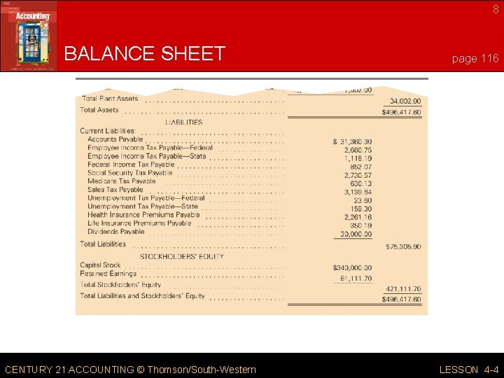 8 BALANCE SHEET CENTURY 21 ACCOUNTING © Thomson/South-Western page 116 LESSON 4 -4 