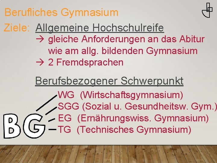 Berufliches Gymnasium Ziele: Allgemeine Hochschulreife gleiche Anforderungen an das Abitur wie am allg. bildenden