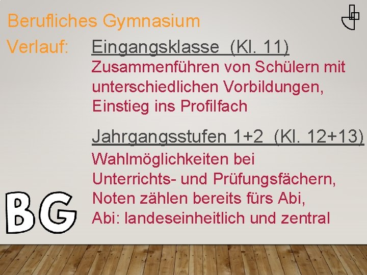 Berufliches Gymnasium Verlauf: Eingangsklasse (Kl. 11) Zusammenführen von Schülern mit unterschiedlichen Vorbildungen, Einstieg ins