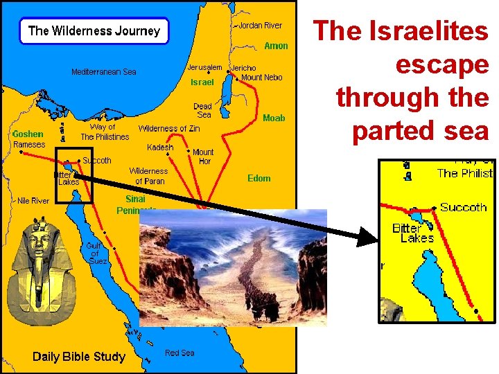 The Israelites escape through the parted sea 
