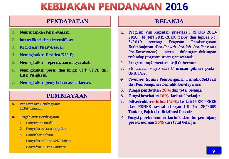 KEBIJAKAN PENDANAAN 2016 PENDAPATAN 1. Memantapkan Kelembagaan; 2. Intensifikasi dan ekstensifikasi; 3. Koordinasi Pusat-Daerah;