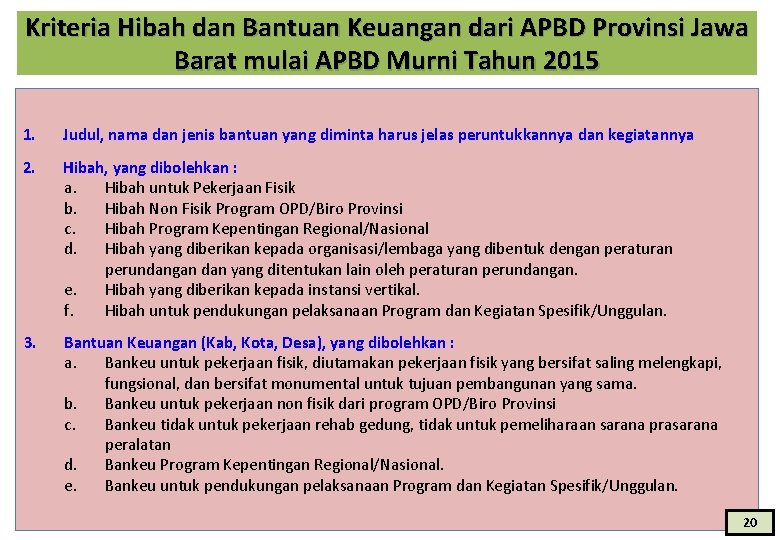 Kriteria Hibah dan Bantuan Keuangan dari APBD Provinsi Jawa Barat mulai APBD Murni Tahun
