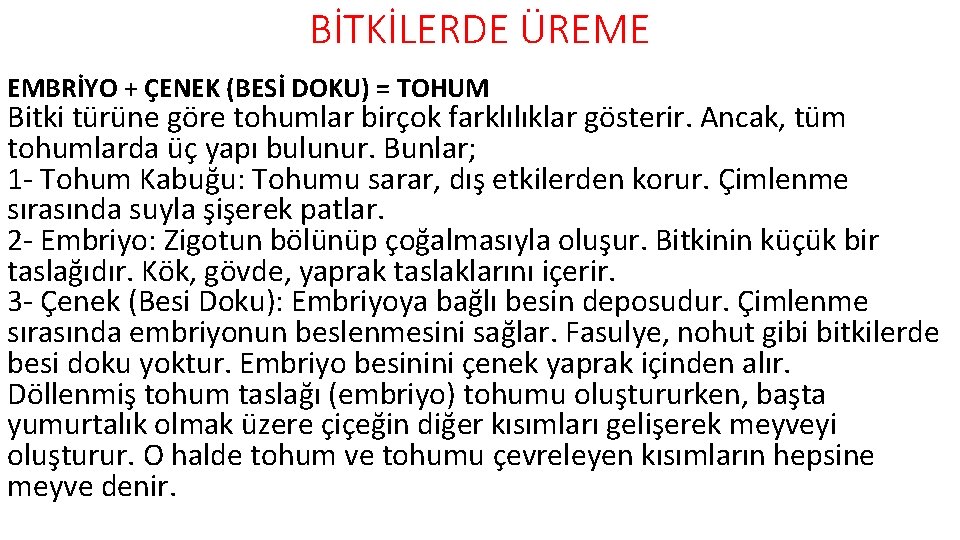 BİTKİLERDE ÜREME EMBRİYO + ÇENEK (BESİ DOKU) = TOHUM Bitki türüne göre tohumlar birçok