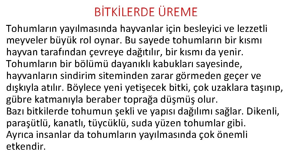 BİTKİLERDE ÜREME Tohumların yayılmasında hayvanlar için besleyici ve lezzetli meyveler büyük rol oynar. Bu