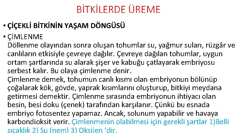 BİTKİLERDE ÜREME • ÇİÇEKLİ BİTKİNİN YAŞAM DÖNGÜSÜ • ÇİMLENME Döllenme olayından sonra oluşan tohumlar