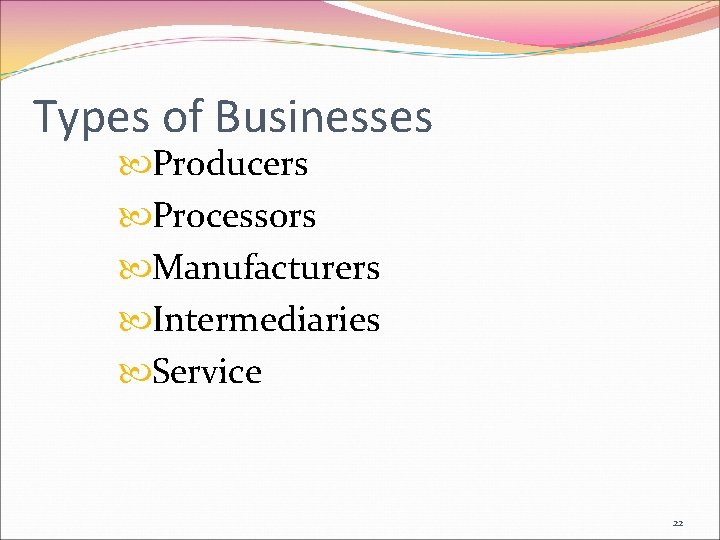 Types of Businesses Producers Processors Manufacturers Intermediaries Service 22 