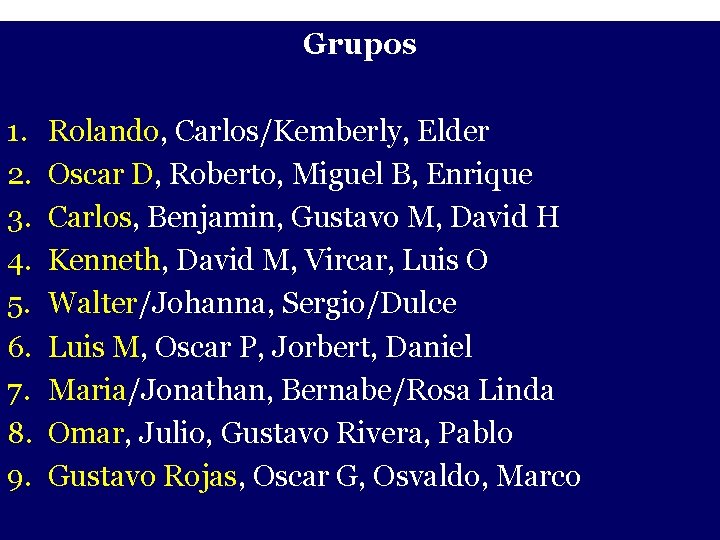 Grupos - 1. 2. 3. 4. 5. 6. 7. 8. 9. Rolando, Carlos/Kemberly, Elder