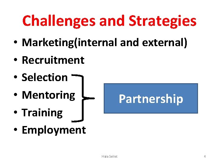 Challenges and Strategies • • • Marketing(internal and external) Recruitment Selection Mentoring Partnership Training