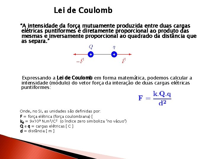 Lei de Coulomb “A intensidade da força mutuamente produzida entre duas cargas elétricas puntiformes