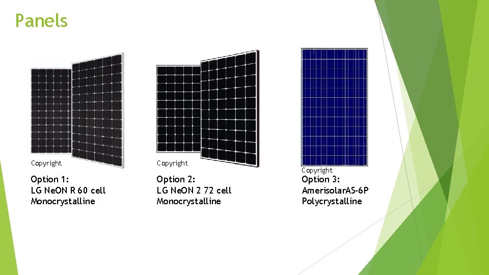 Panels Copyright Option 1: LG Ne. ON R 60 cell Monocrystalline Option 2: LG