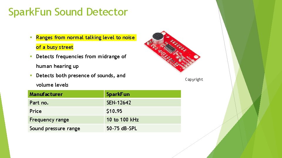 Spark. Fun Sound Detector § Ranges from normal talking level to noise of a