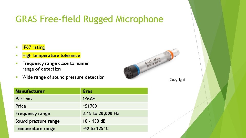 GRAS Free-field Rugged Microphone § IP 67 rating § High temperature tolerance § Frequency