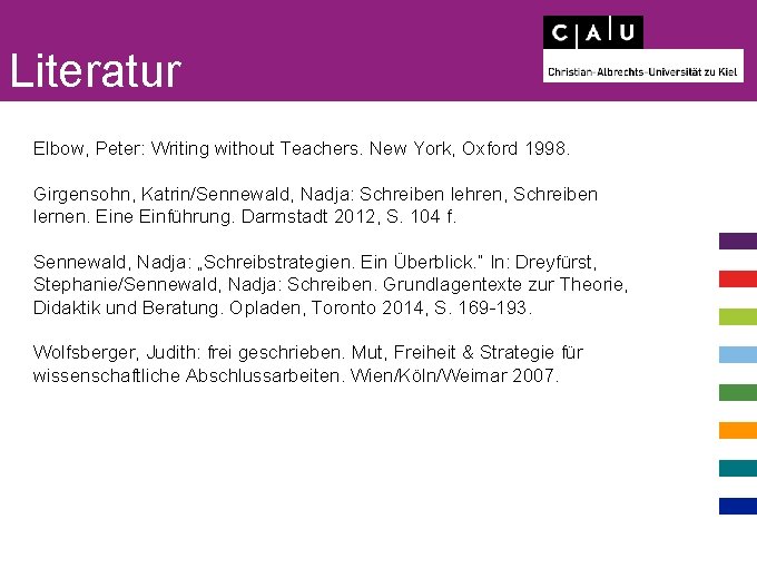 Literatur Elbow, Peter: Writing without Teachers. New York, Oxford 1998. Girgensohn, Katrin/Sennewald, Nadja: Schreiben