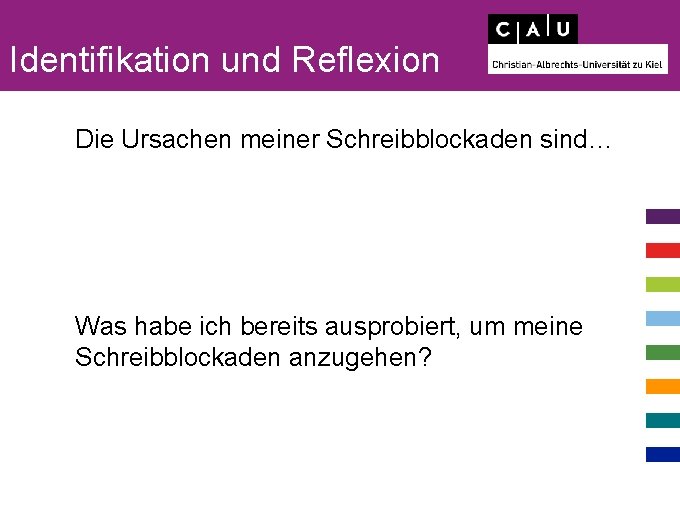 Identifikation und Reflexion Die Ursachen meiner Schreibblockaden sind… Was habe ich bereits ausprobiert, um