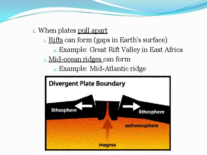 i. When plates pull apart 1. Rifts can form (gaps in Earth’s surface) a.