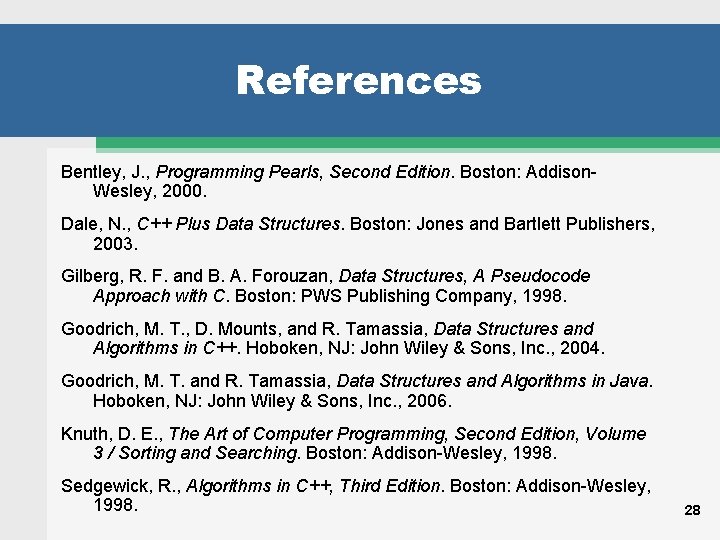 References Bentley, J. , Programming Pearls, Second Edition. Boston: Addison. Wesley, 2000. Dale, N.