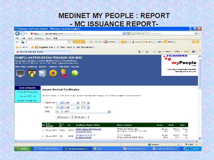 MEDINET MY PEOPLE : REPORT - MC ISSUANCE REPORT- 