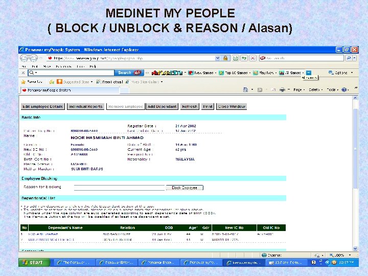 MEDINET MY PEOPLE ( BLOCK / UNBLOCK & REASON / Alasan) 