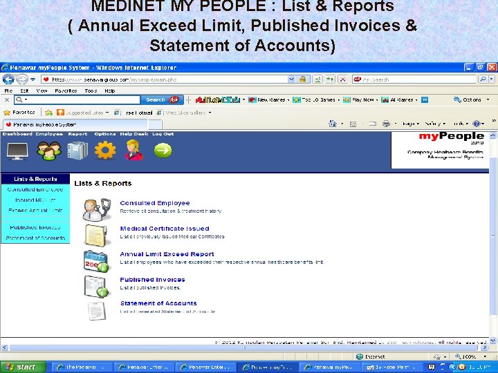 MEDINET MY PEOPLE : List & Reports ( Annual Exceed Limit, Published Invoices &