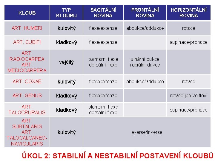 KLOUB TYP KLOUBU SAGITÁLNÍ ROVINA FRONTÁLNÍ ROVINA HORIZONTÁLNÍ ROVINA ART. HUMERI kulovitý flexe/extenze abdukce/addukce