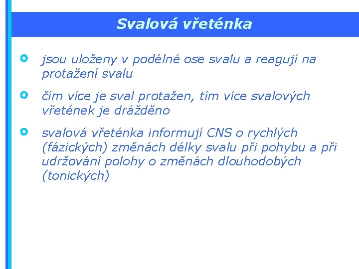 Svalová vřeténka jsou uloženy v podélné ose svalu a reagují na protažení svalu čím