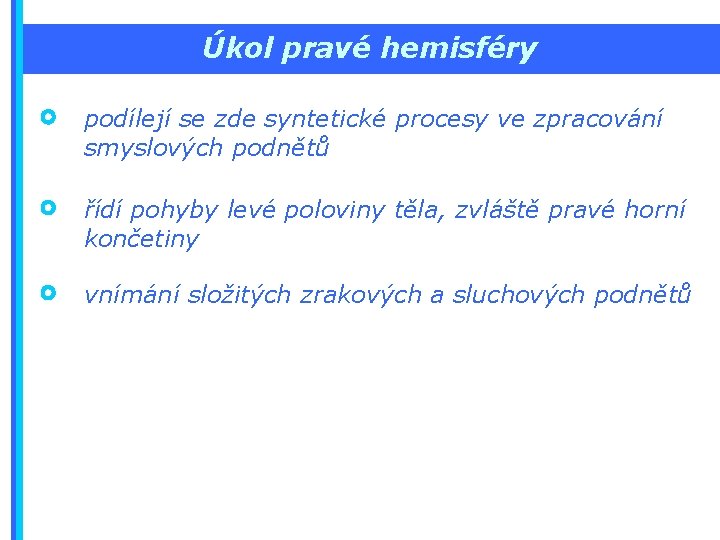 Úkol pravé hemisféry podílejí se zde syntetické procesy ve zpracování smyslových podnětů řídí pohyby