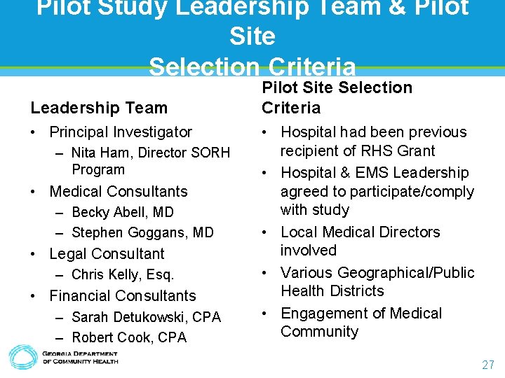 Pilot Study Leadership Team & Pilot Site Selection Criteria Leadership Team • Principal Investigator Pilot Study Leadership Team & Pilot Site Selection Criteria Leadership Team • Principal Investigator