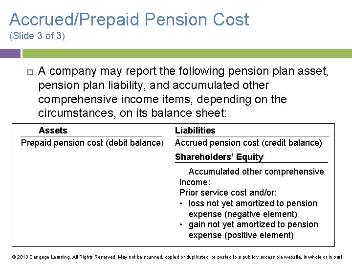 Accrued/Prepaid Pension Cost (Slide 3 of 3) A company may report the following pension