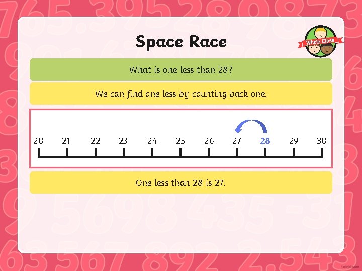 Space Race What is one less than 28? We can find one less by