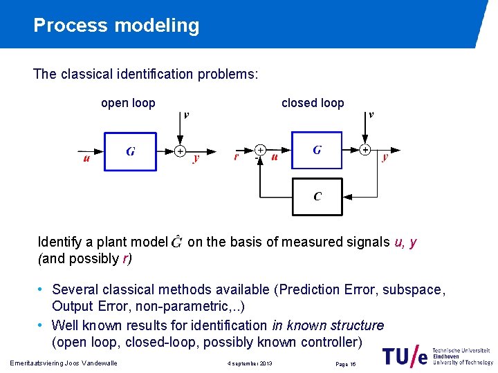 Process modeling The classical identification problems: open loop Identify a plant model (and possibly