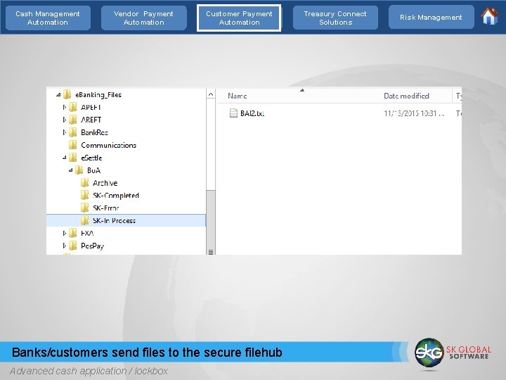 Cash Management Automation Vendor Payment Automation Customer Payment Automation Banks/customers send files to the