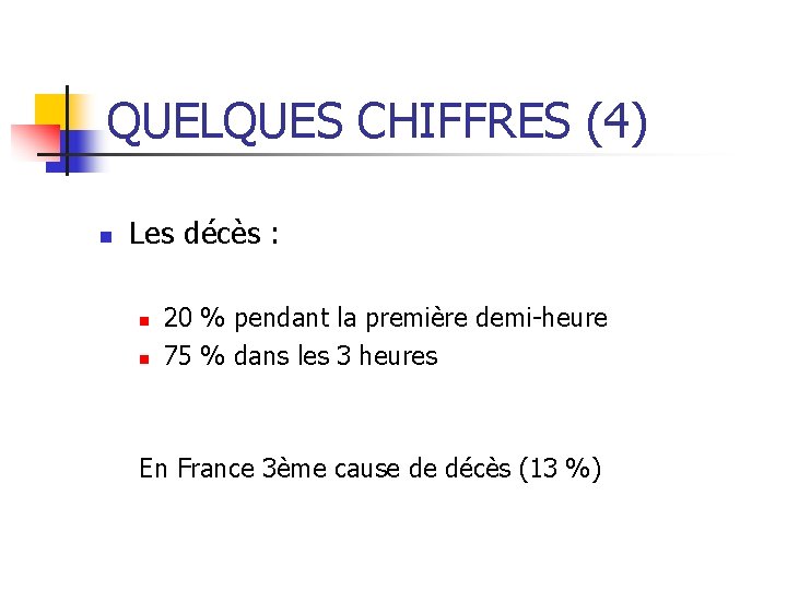 QUELQUES CHIFFRES (4) n Les décès : n n 20 % pendant la première