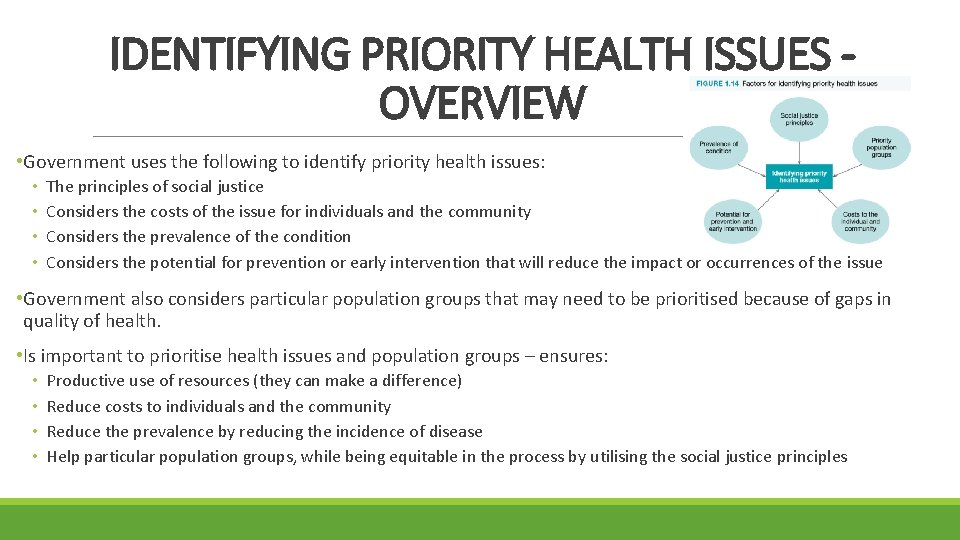 IDENTIFYING PRIORITY HEALTH ISSUES OVERVIEW • Government uses the following to identify priority health