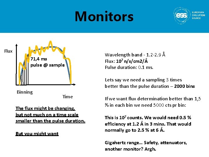 Monitors Flux 71, 4 ms pulse @ sample Binning Lets say we need a